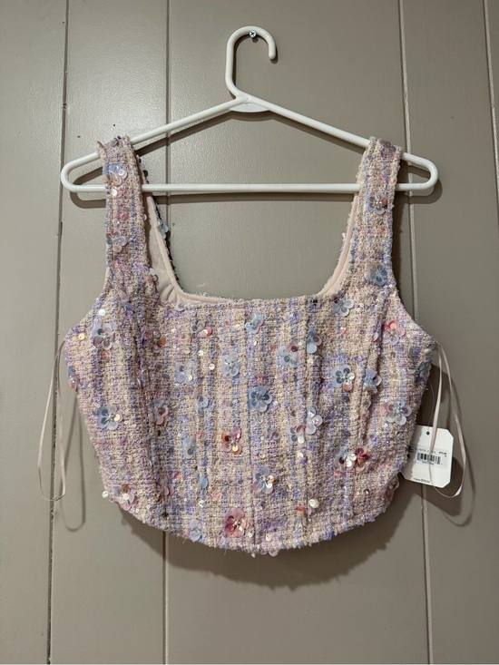Altar'd State Tops - Altar'd State Pink Lavender Sequin Floral Tweed Crop Top